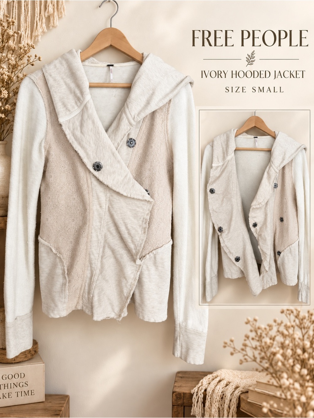 Free People Two-Tone Beige & Cream Hooded Knit Pullover
